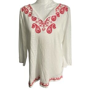 Talbots Sz MP Tunic Embroidered‎ Split Neck Slub 3/4 Sleeve Cottage Boho Casual
